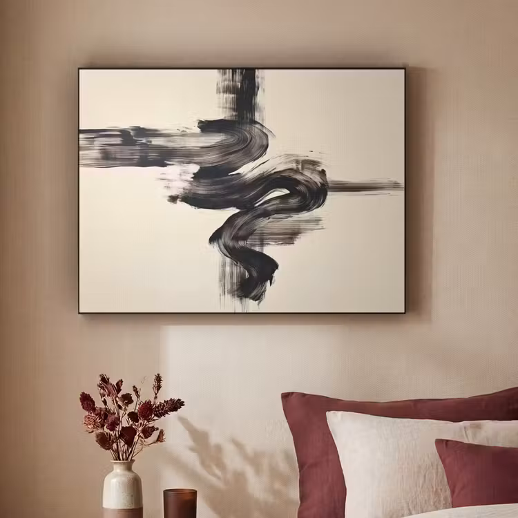Golven - Penseelstreken - Beige - Minimalistisch Textielframe zwart klein -sfeer1
