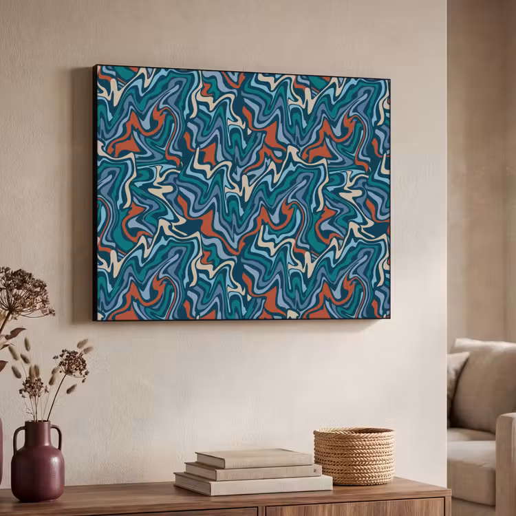 Golven - Retro - Blauw - Patroon Textielframe zwart klein 947 -sfeer3