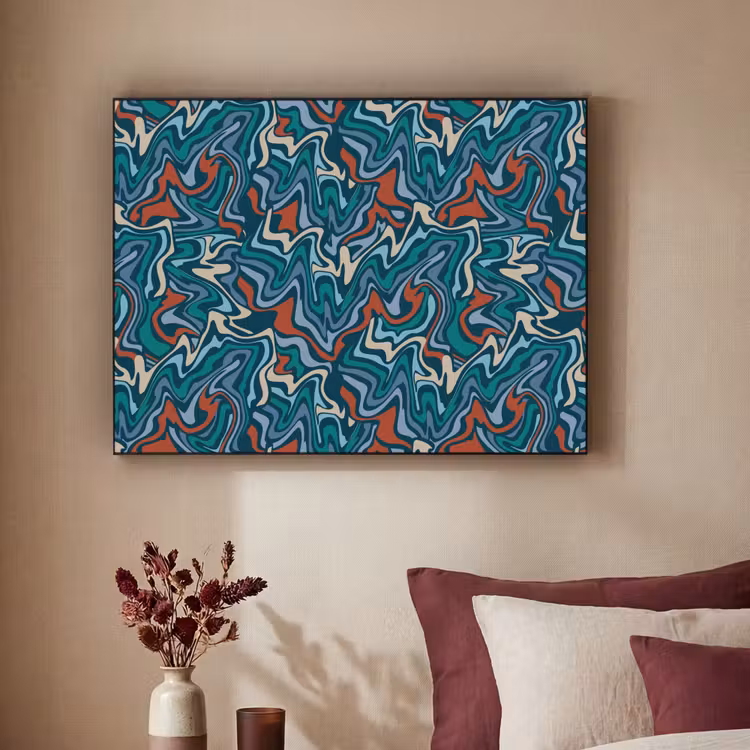 Golven - Retro - Blauw - Patroon Textielframe zwart klein 947 -sfeer1