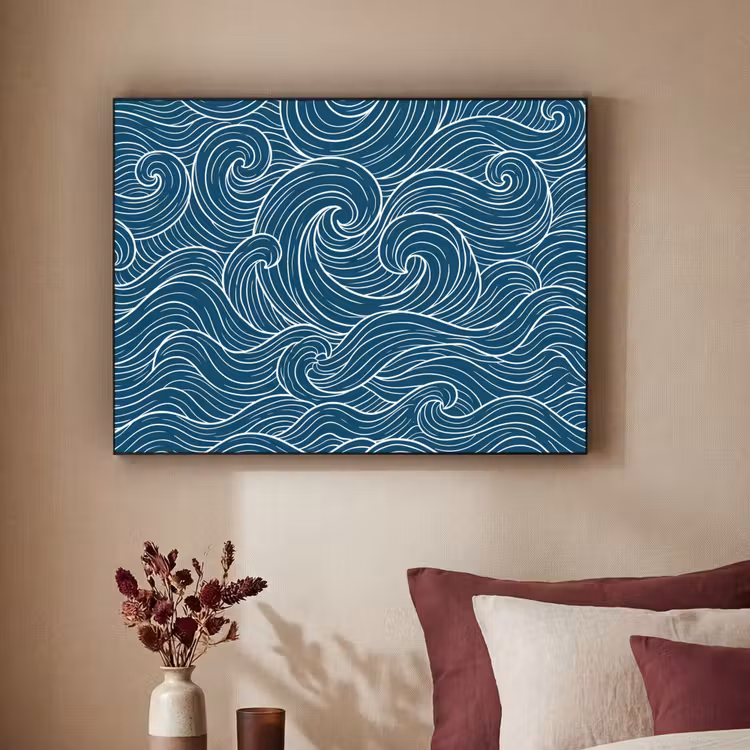 Golven - Spiraal - Water - Abstract - Blauw Textielframe zwart klein -sfeer1