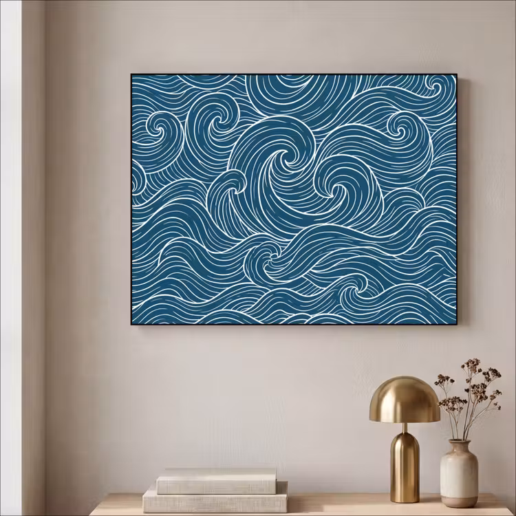 Golven - Spiraal - Water - Abstract - Blauw Textielframe zwart klein -sfeer2