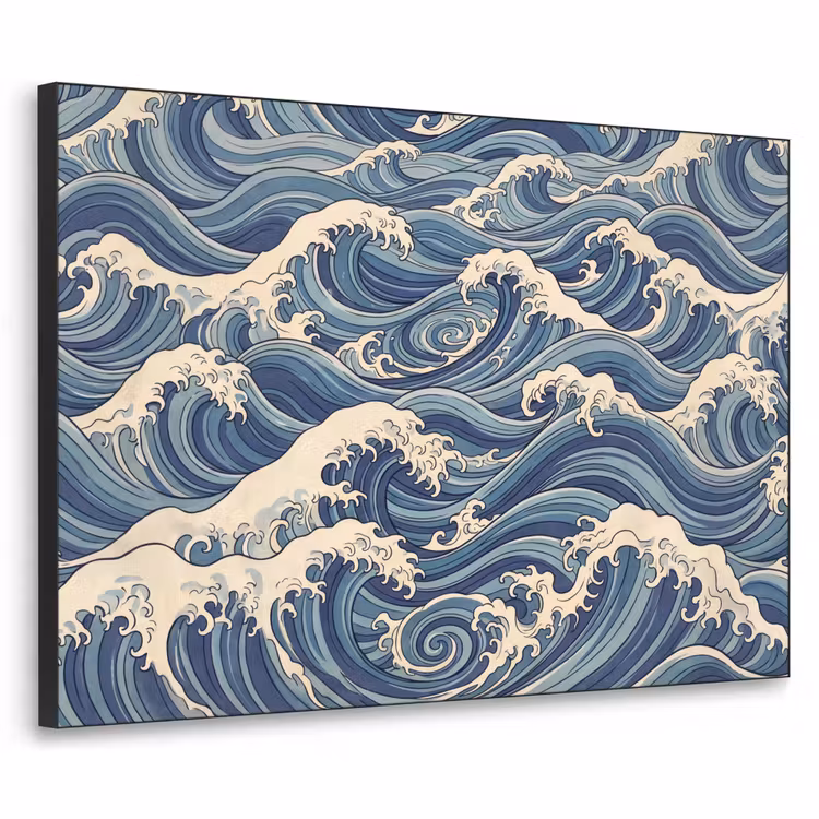 Golven - Zee - Natuur - Abstract - Blauw Textielframe zwart klein -3d