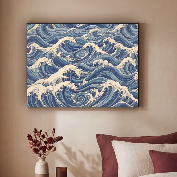 Golven - Zee - Natuur - Abstract - Blauw Textielframe zwart klein -sfeer1