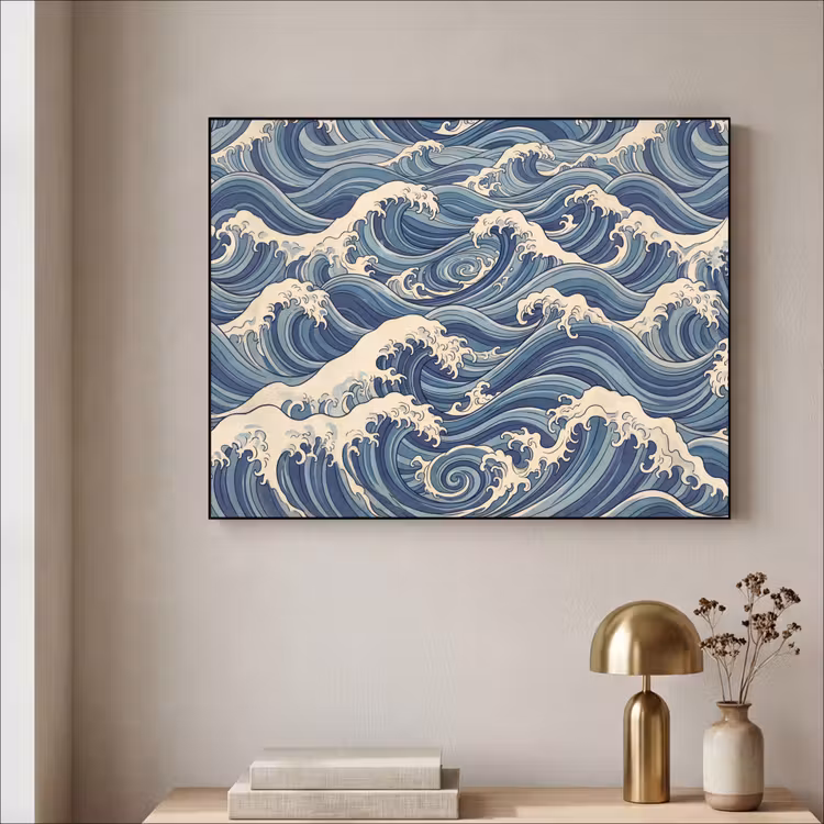 Golven - Zee - Natuur - Abstract - Blauw Textielframe zwart klein -sfeer2