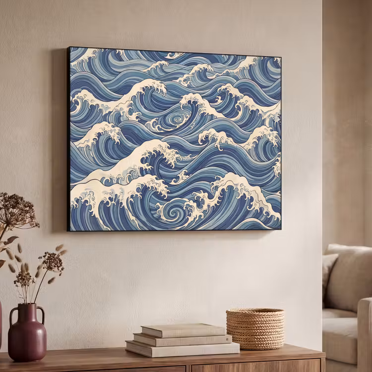 Golven - Zee - Natuur - Abstract - Blauw Textielframe zwart klein -sfeer3