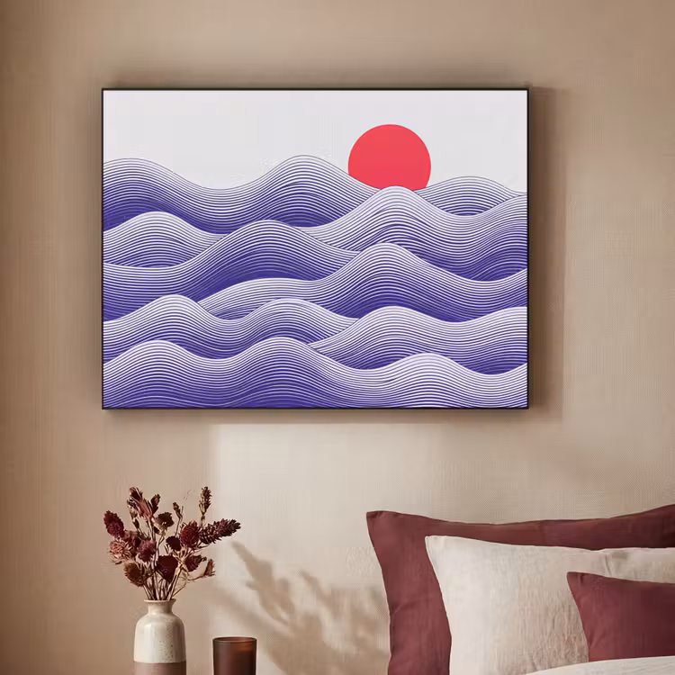 Golven - Zon - Natuur - Abstract - Rood Textielframe zwart klein -sfeer1