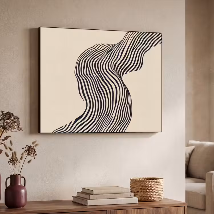 Golvend - Lijnen - Abstract - Silhouet Textielframe zwart klein -sfeer3