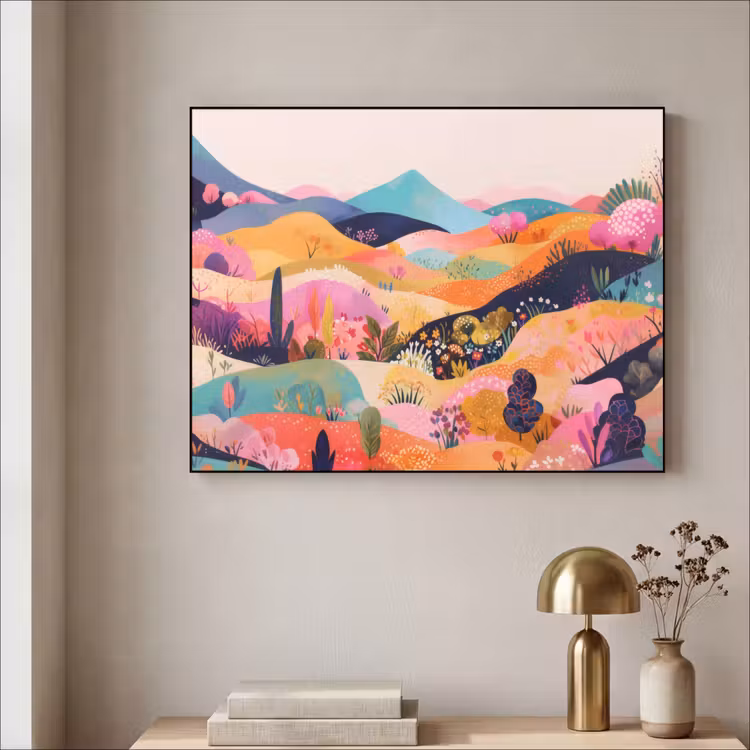 Golvende heuvels - Abstracte planten - Dromerig Textielframe - compleet frame klein -sfeer2