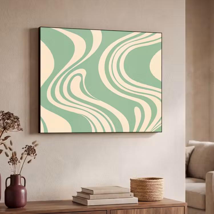 Golvende lijnen - Mintgroen - Dansende vormen Textielframe zwart klein -sfeer3
