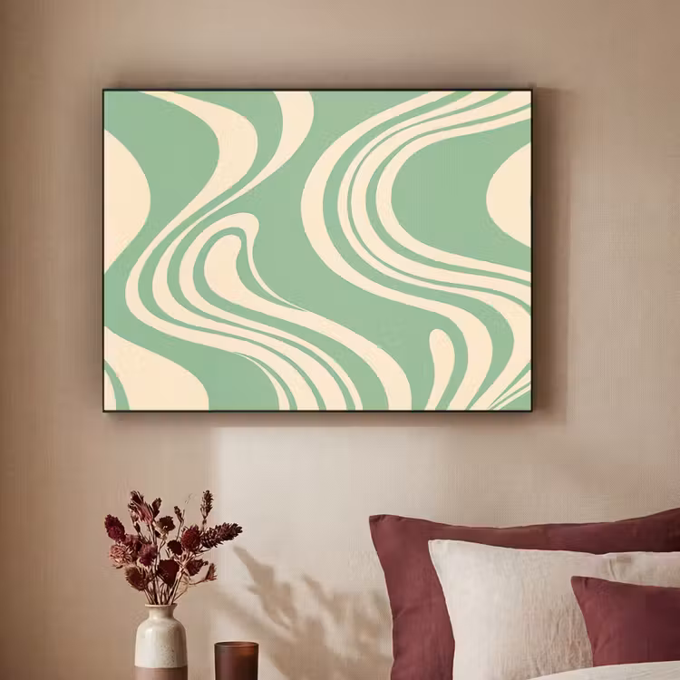 Golvende lijnen - Mintgroen - Dansende vormen Textielframe zwart klein -sfeer1