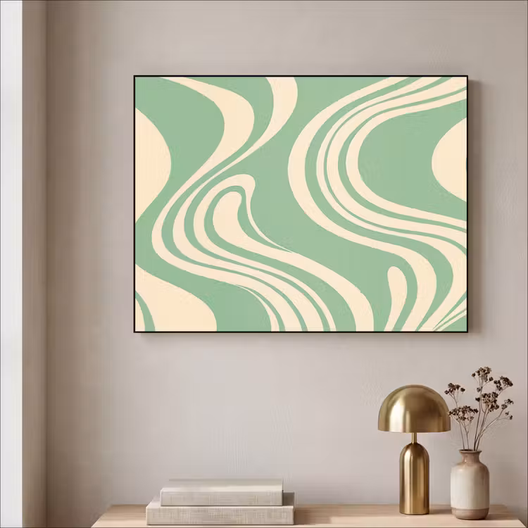 Golvende lijnen - Mintgroen - Dansende vormen Textielframe zwart klein -sfeer2