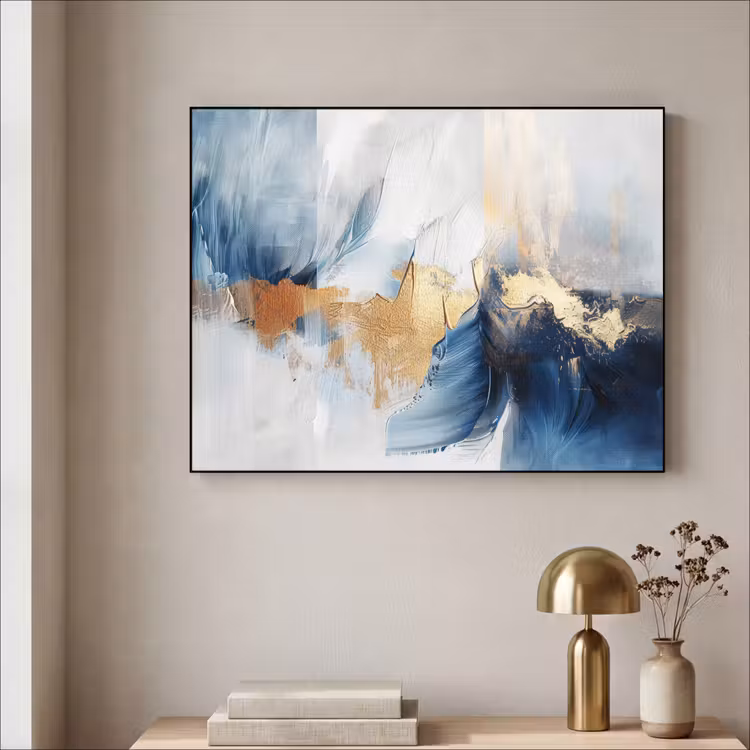 Goud - Blauw - Verf - Kunst - Modern Textielframe zwart klein -sfeer2