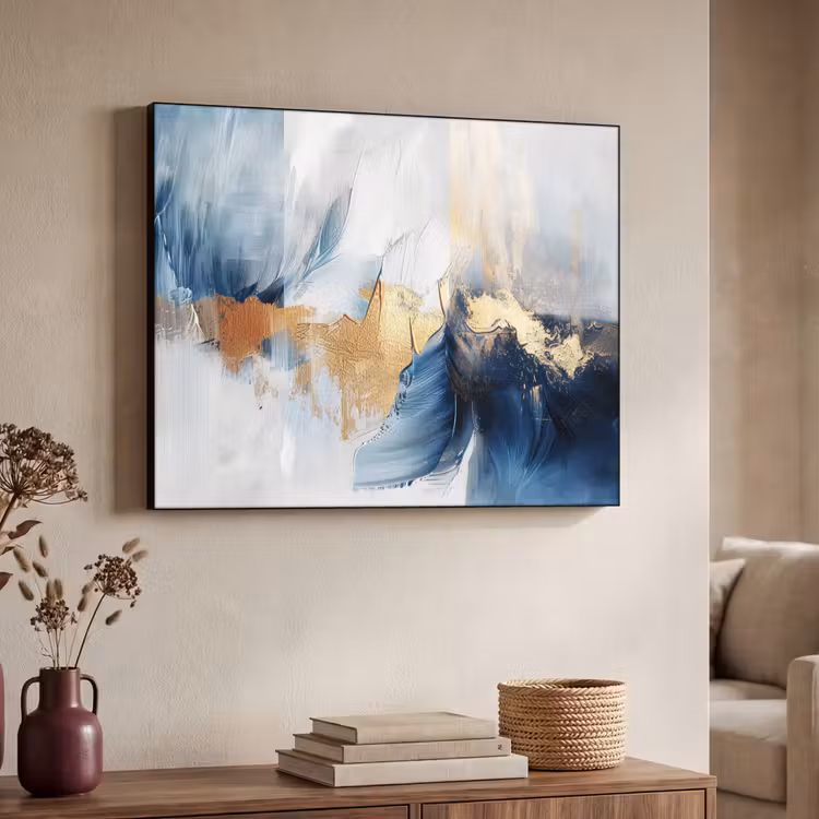 Goud - Blauw - Verf - Kunst - Modern Textielframe zwart klein -sfeer3