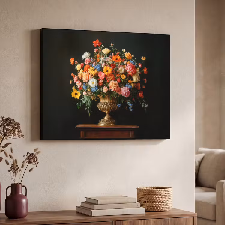 Goud - Bloemen - Kleuren - Vaas Textielframe zwart klein -sfeer3