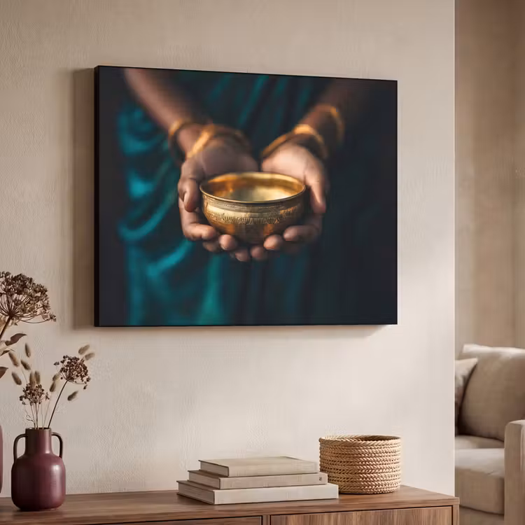 Goud - Kom - Blauw Textielframe zwart klein -sfeer3