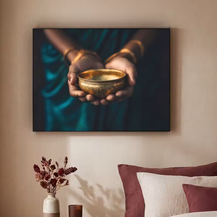 Goud - Kom - Blauw Textielframe zwart klein -sfeer1