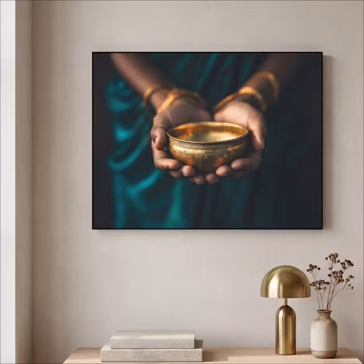 Goud - Kom - Blauw Textielframe zwart klein -sfeer2