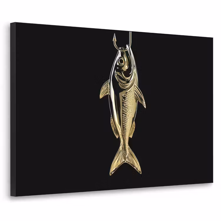 Goud - Vis - Haak - Zwart Textielframe - compleet frame klein -3d