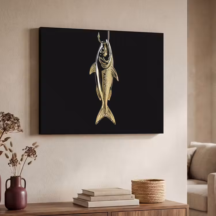 Goud - Vis - Haak - Zwart Textielframe zwart klein -sfeer3