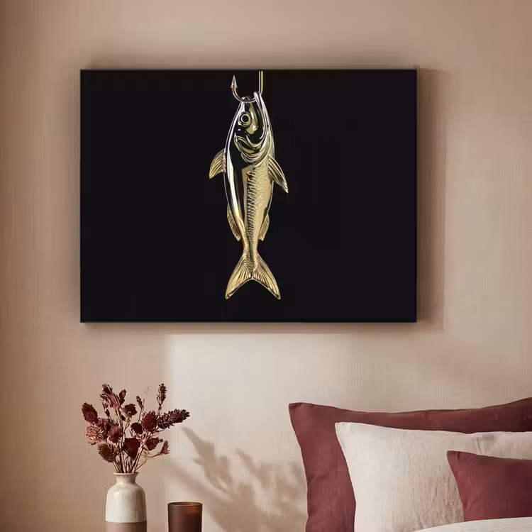 Goud - Vis - Haak - Zwart Textielframe zwart klein -sfeer1