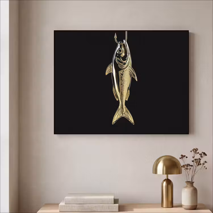 Goud - Vis - Haak - Zwart Textielframe - compleet frame klein -sfeer2