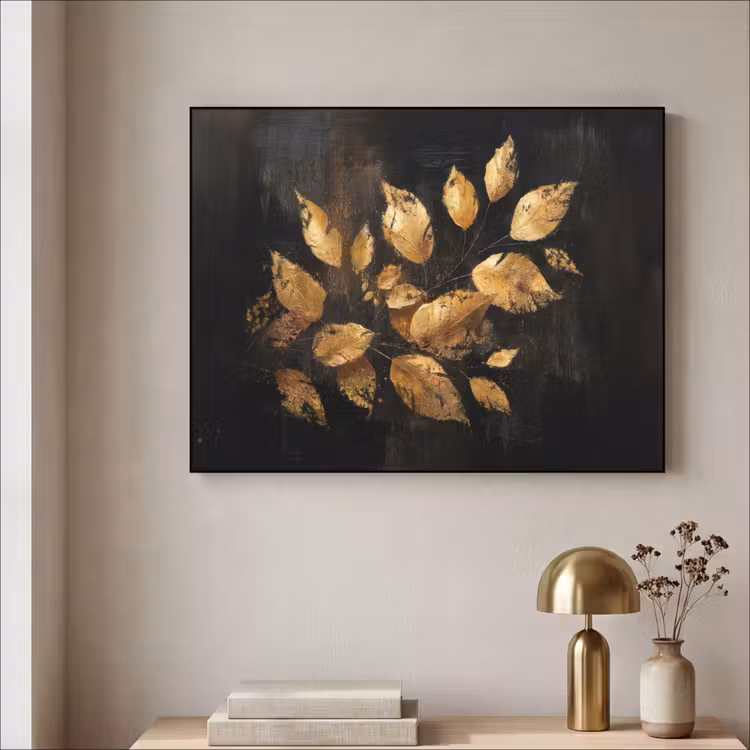 Gouden Bladeren op Donkere Achtergrond Textielframe - compleet frame klein -sfeer2
