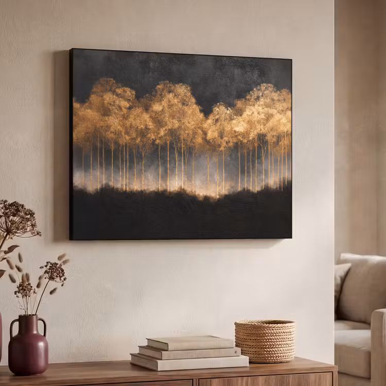Gouden Bomen in Mistig Landschap Textielframe - compleet frame klein -sfeer3