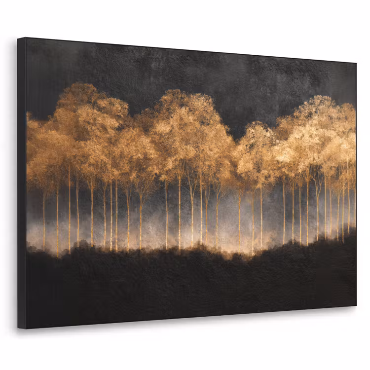 Gouden Bomen in Mistig Landschap Textielframe zwart klein -3d