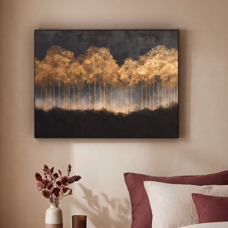 Gouden Bomen in Mistig Landschap Textielframe zwart klein -sfeer1