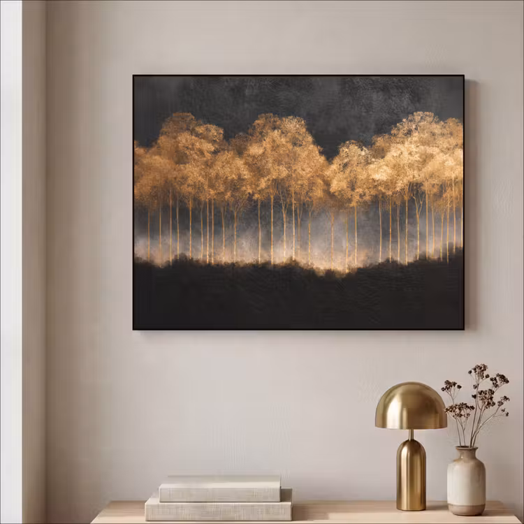 Gouden Bomen in Mistig Landschap Textielframe - compleet frame klein -sfeer2
