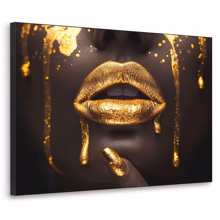 Gouden lippen - Gezicht - Vrouw - Modern Textielframe zwart klein -3d