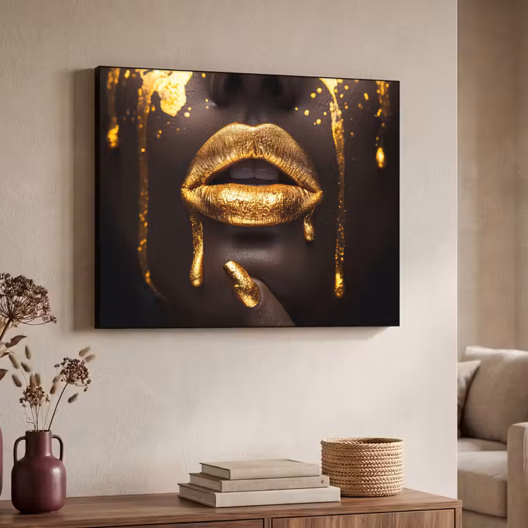 Gouden lippen - Gezicht - Vrouw - Modern Textielframe zwart klein -sfeer3