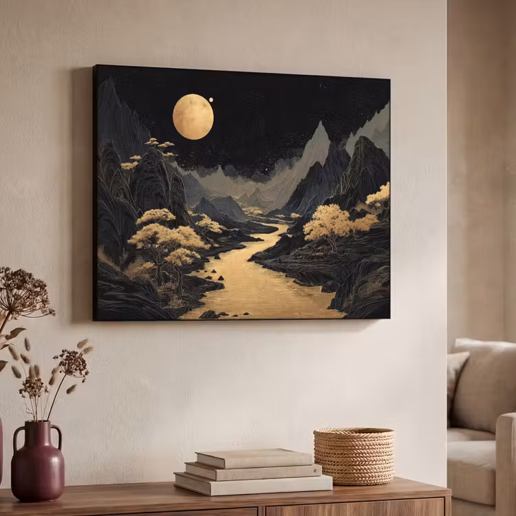 Gouden rivier - Bergen - Maan - Sterrenhemel Textielframe - compleet frame klein -sfeer3