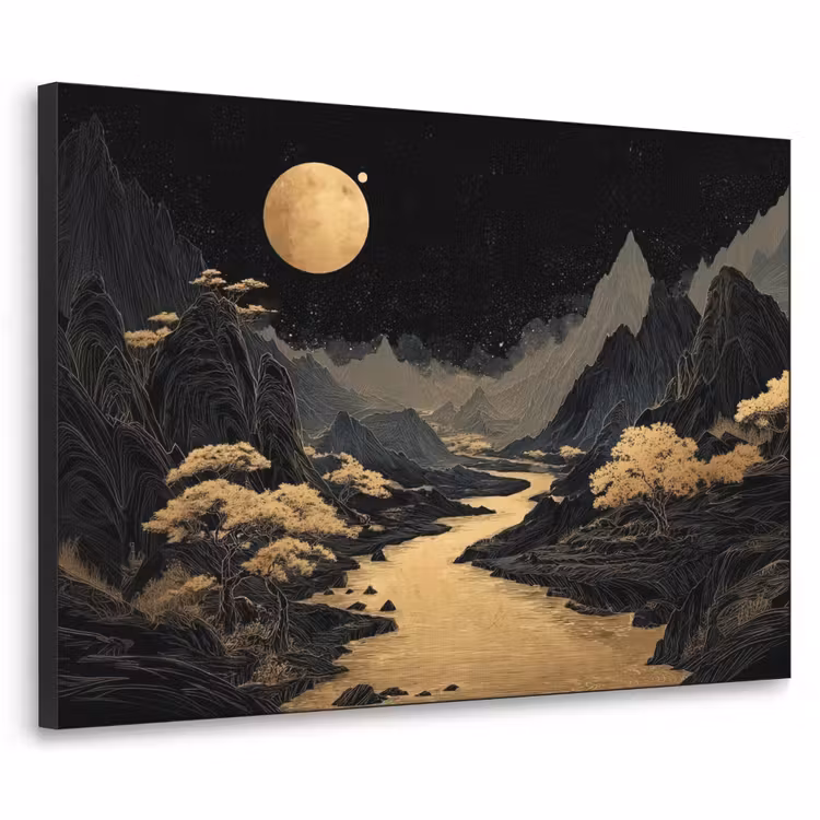 Gouden rivier - Bergen - Maan - Sterrenhemel Textielframe zwart klein -3d