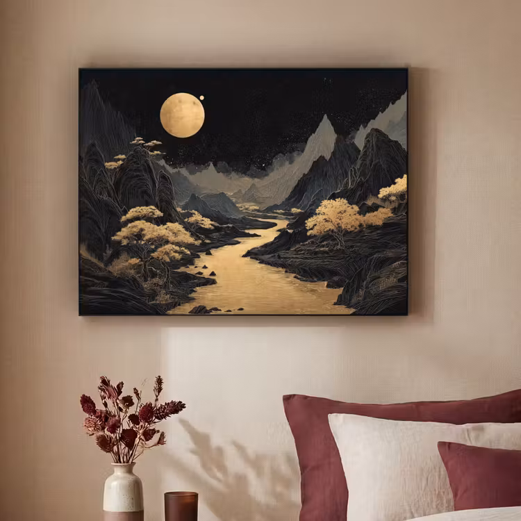 Gouden rivier - Bergen - Maan - Sterrenhemel Textielframe zwart klein -sfeer1
