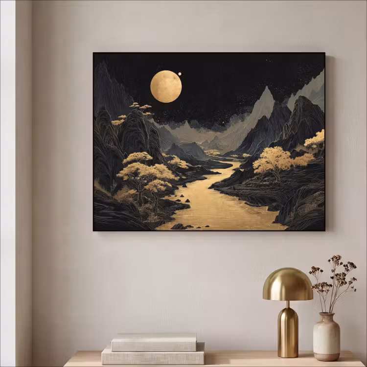 Gouden rivier - Bergen - Maan - Sterrenhemel Textielframe zwart klein -sfeer2
