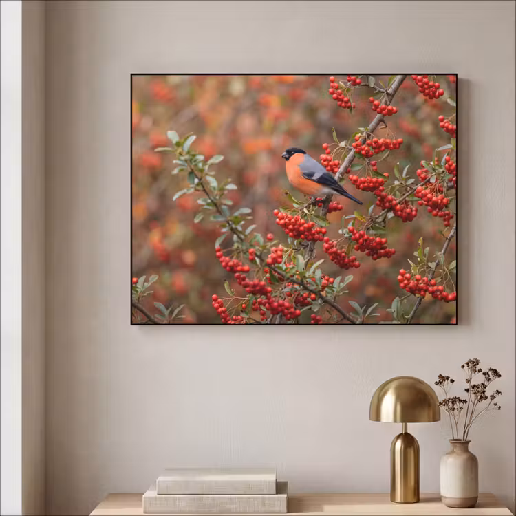 Goudvink - Bessen - Herfst - Natuur - Kleurrijk Textielframe zwart klein -sfeer2