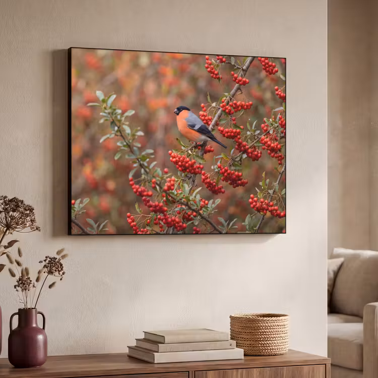 Goudvink - Bessen - Herfst - Natuur - Kleurrijk Textielframe zwart klein -sfeer3