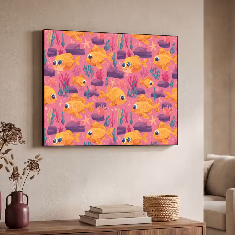 Goudvissen - Koraal - Kleurrijk Textielframe zwart klein 947 -sfeer3