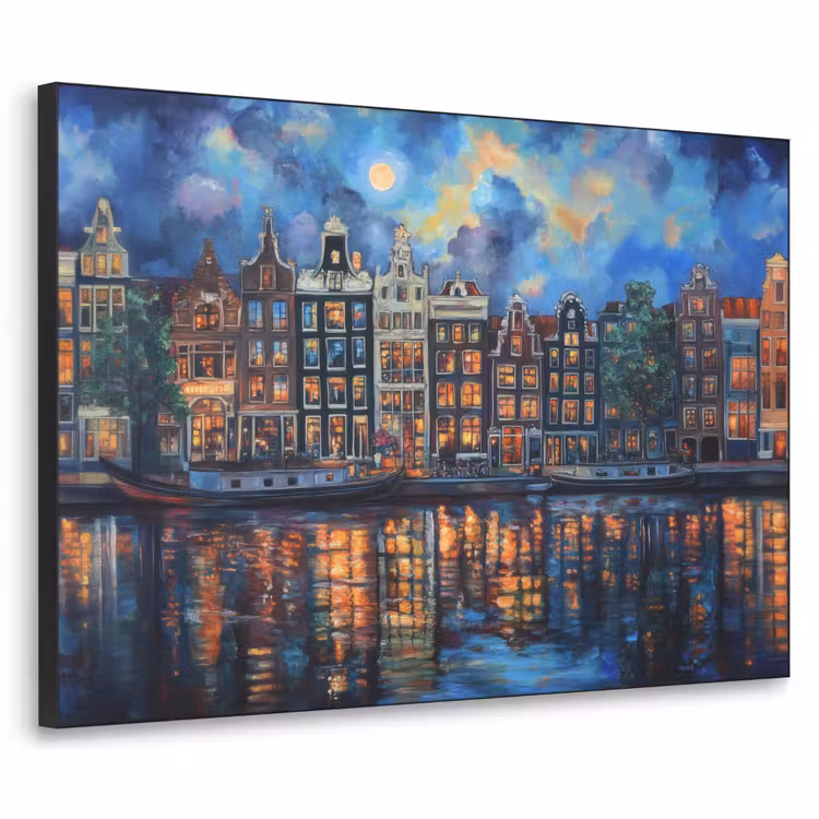 Grachten Amsterdam - Huizen - Stad - Kleurrijk Textielframe - compleet frame klein -3d