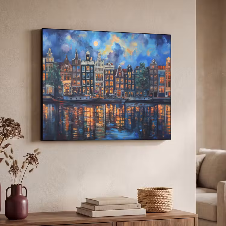 Grachten Amsterdam - Huizen - Stad - Kleurrijk Textielframe zwart klein -sfeer3