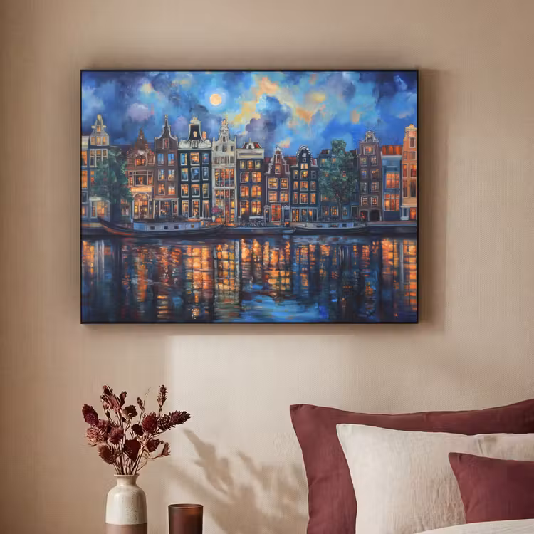 Grachten Amsterdam - Huizen - Stad - Kleurrijk Textielframe - compleet frame klein -sfeer1