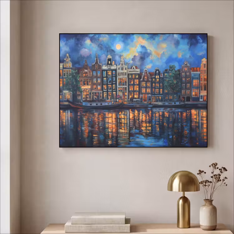 Grachten Amsterdam - Huizen - Stad - Kleurrijk Textielframe zwart klein -sfeer2