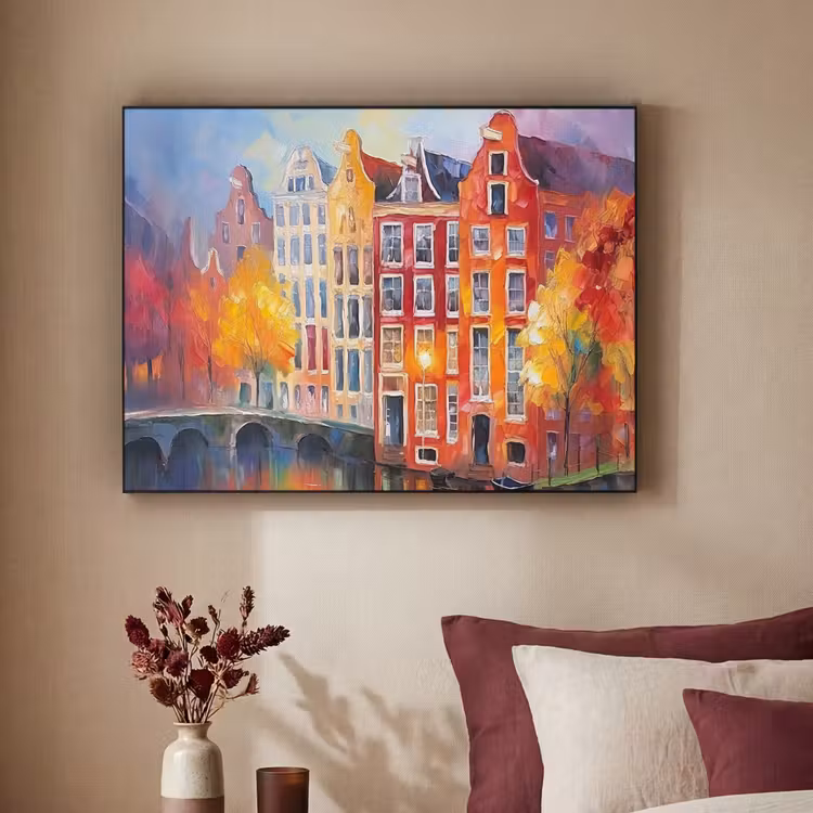 Grachtenpanden - Kunst - Schilderij - Amsterdam Textielframe zwart klein -sfeer1