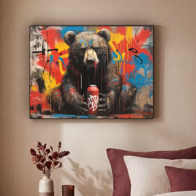 Graffiti - Beer - Dier - Muur - Street art Textielframe zwart klein -sfeer1