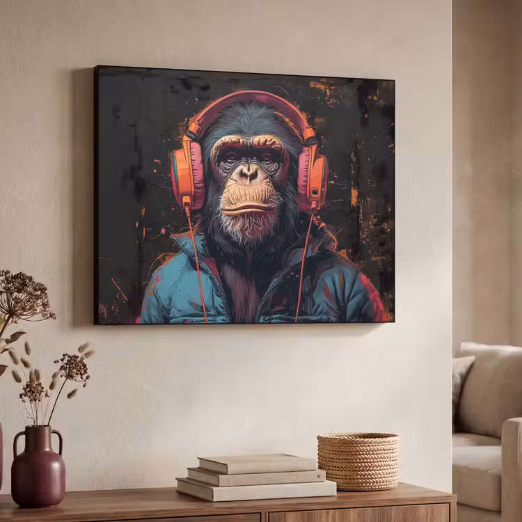 Graffiti - Chimpansee - Koptelefoon - Aap Textielframe zwart klein -sfeer3