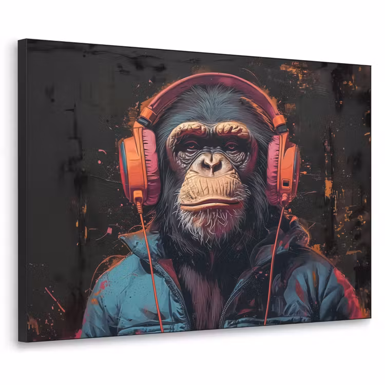 Graffiti - Chimpansee - Koptelefoon - Aap Textielframe zwart klein -3d