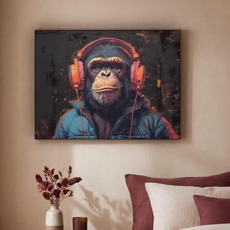 Graffiti - Chimpansee - Koptelefoon - Aap Textielframe zwart klein -sfeer1