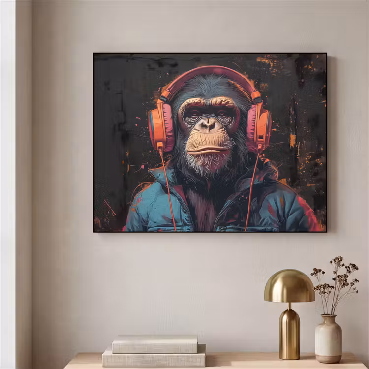Graffiti - Chimpansee - Koptelefoon - Aap Textielframe zwart klein -sfeer2