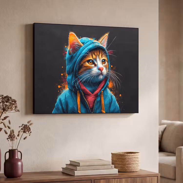 Graffiti - Kat - Zwart - Jas - Street art Textielframe - compleet frame klein -sfeer3